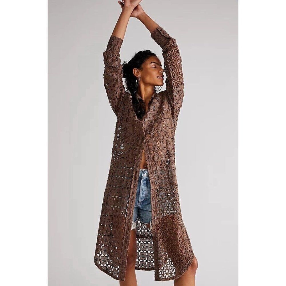 NWT FREE PEOPLE FP ONE YESENIA MAXI TOP CROCHET LACE TUNIC IN PELICAN